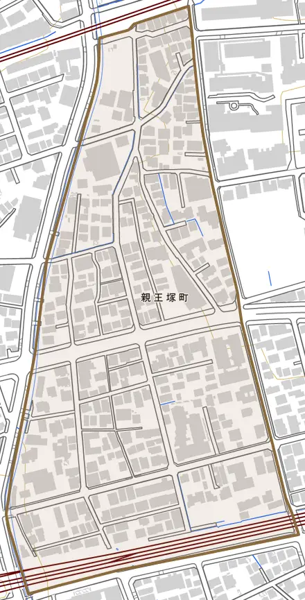 親王塚町とその周辺の地図。町の範囲を重ねている