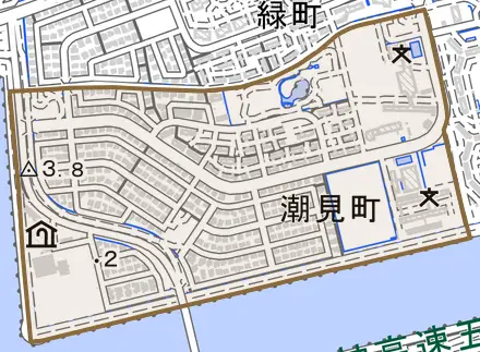 潮見町とその周辺の地図。町の範囲を重ねている