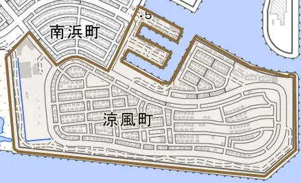 涼風町とその周辺の地図。町の範囲を重ねている