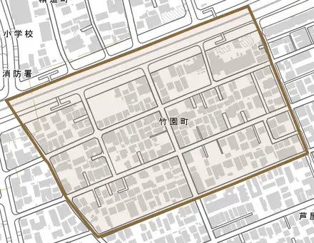 竹園町とその周辺の地図。町の範囲を重ねている