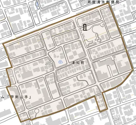 津知町とその周辺の地図。町の範囲を重ねている