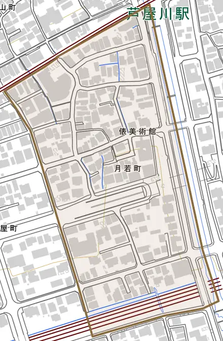 月若町とその周辺の地図。町の範囲を重ねている