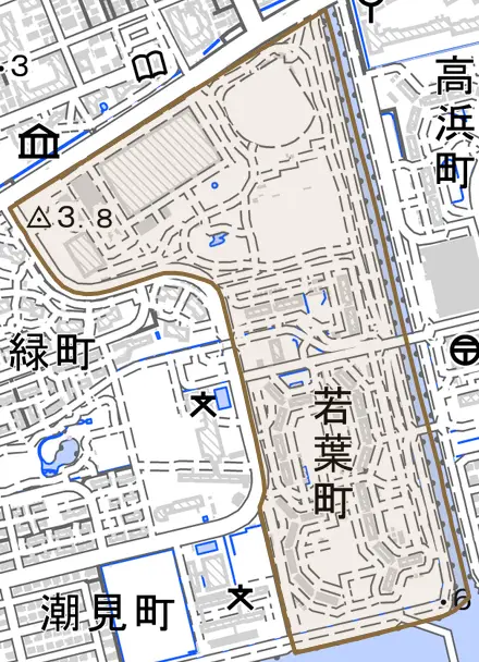 若葉町とその周辺の地図。町の範囲を重ねている