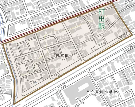 若宮町とその周辺の地図。町の範囲を重ねている