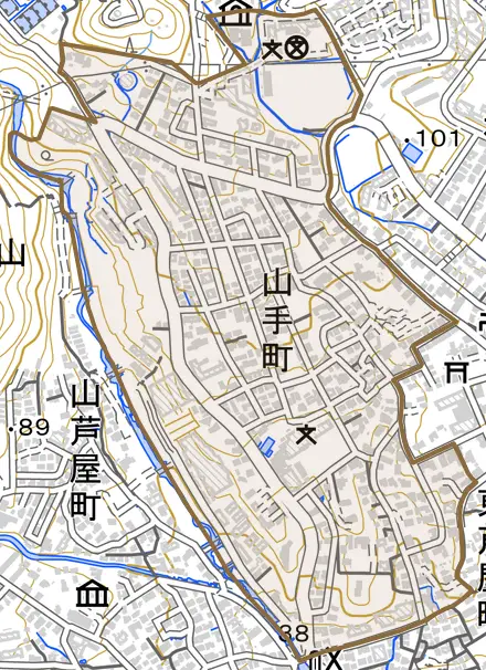 山手町とその周辺の地図。町の範囲を重ねている