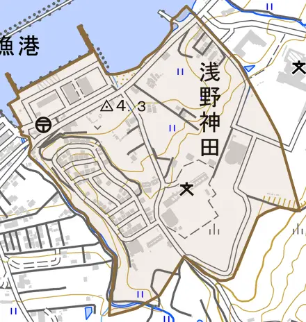 浅野神田とその周辺の地図。町の範囲を重ねている