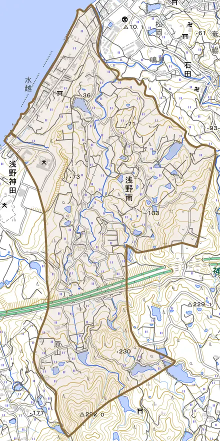 浅野南とその周辺の地図。町の範囲を重ねている
