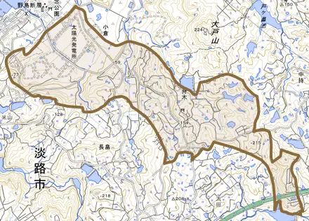 舟木とその周辺の地図。町の範囲を重ねている