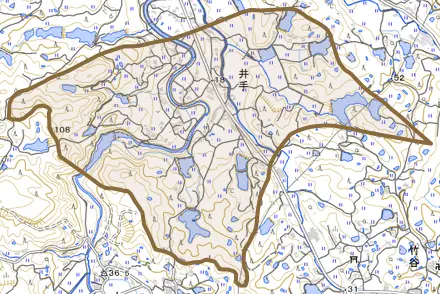 井手とその周辺の地図。町の範囲を重ねている