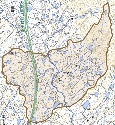 池ノ内とその周辺の地図。町の範囲を重ねている