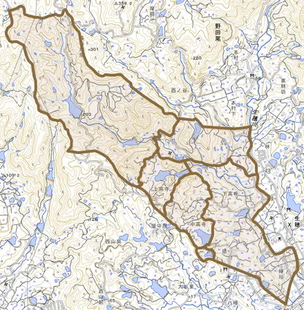 生穂とその周辺の地図。町の範囲を重ねている