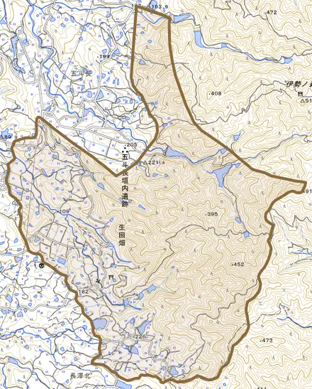 生田畑とその周辺の地図。町の範囲を重ねている