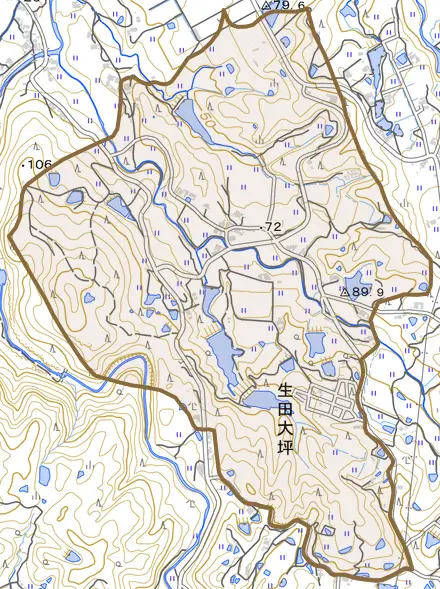 生田大坪とその周辺の地図。町の範囲を重ねている