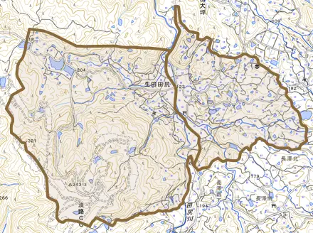生田田尻とその周辺の地図。町の範囲を重ねている