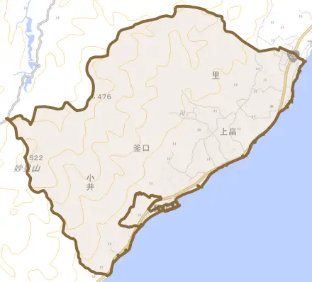 釜口とその周辺の地図。町の範囲を重ねている