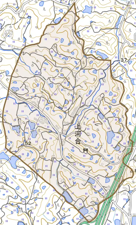 上河合とその周辺の地図。町の範囲を重ねている