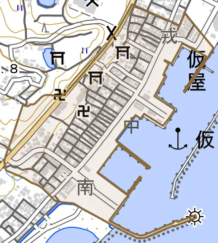 仮屋とその周辺の地図。町の範囲を重ねている