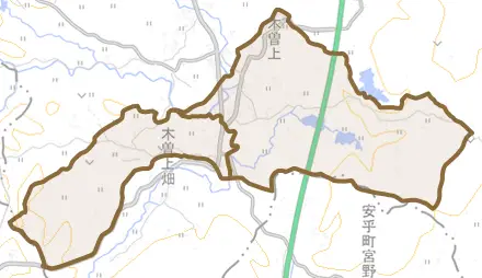 木曽上とその周辺の地図。町の範囲を重ねている