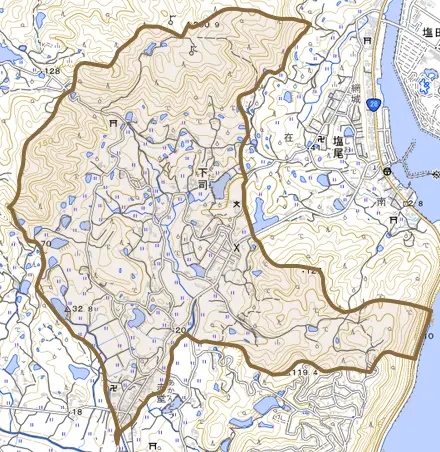 下司とその周辺の地図。町の範囲を重ねている