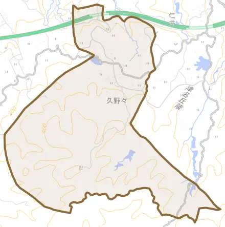 久野々とその周辺の地図。町の範囲を重ねている