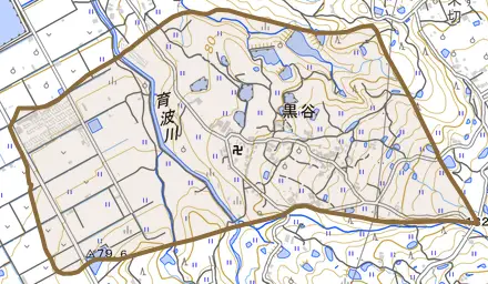 黒谷とその周辺の地図。町の範囲を重ねている