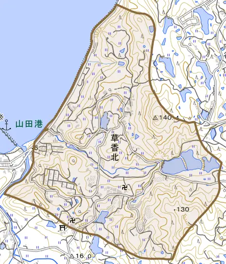 草香北とその周辺の地図。町の範囲を重ねている