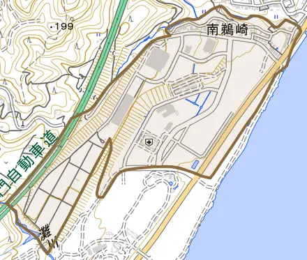 南鵜崎とその周辺の地図。町の範囲を重ねている