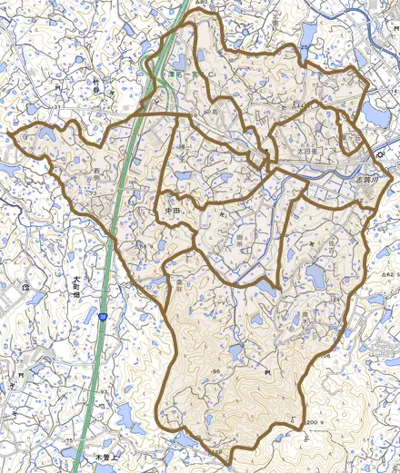 中田とその周辺の地図。町の範囲を重ねている
