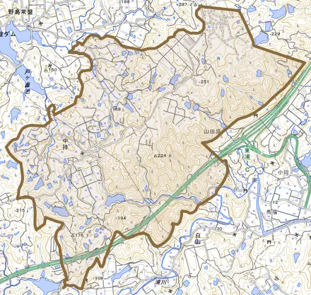 中持とその周辺の地図。町の範囲を重ねている