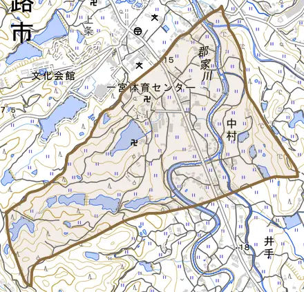 中村とその周辺の地図。町の範囲を重ねている