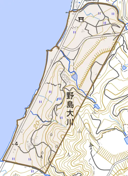 野島大川とその周辺の地図。町の範囲を重ねている