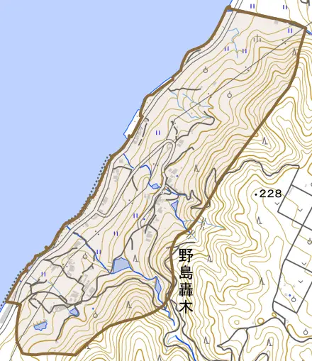 野島轟木とその周辺の地図。町の範囲を重ねている