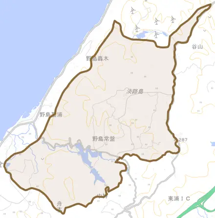 野島常盤とその周辺の地図。町の範囲を重ねている