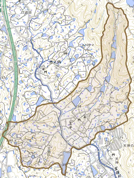 王子とその周辺の地図。町の範囲を重ねている
