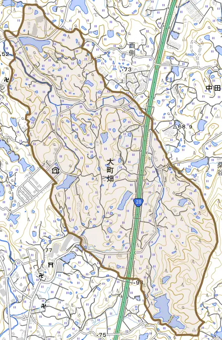 大町畑とその周辺の地図。町の範囲を重ねている