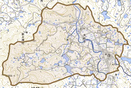 大町下とその周辺の地図。町の範囲を重ねている