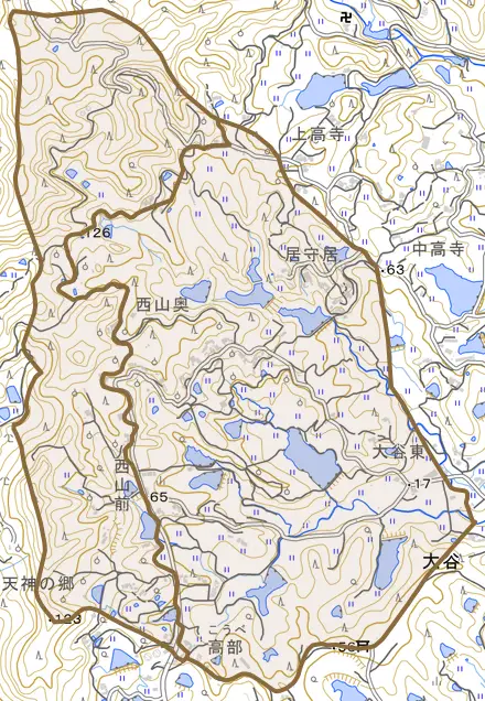 大谷とその周辺の地図。町の範囲を重ねている