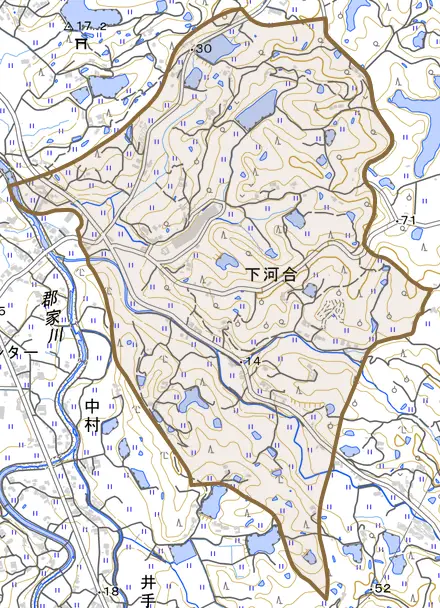 下河合とその周辺の地図。町の範囲を重ねている