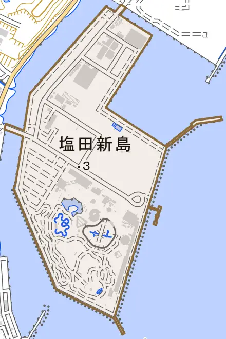 塩田新島とその周辺の地図。町の範囲を重ねている