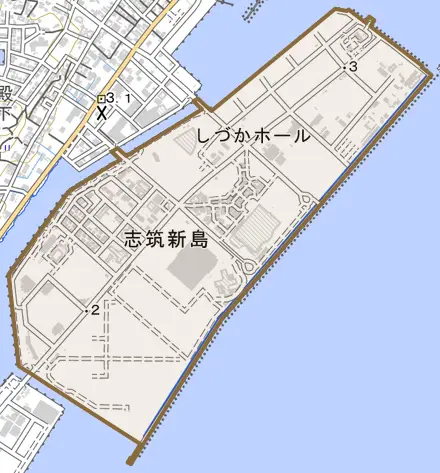 志筑新島とその周辺の地図。町の範囲を重ねている