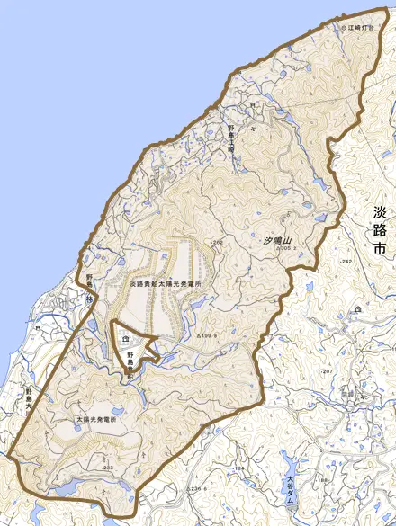 野島江崎とその周辺の地図。町の範囲を重ねている
