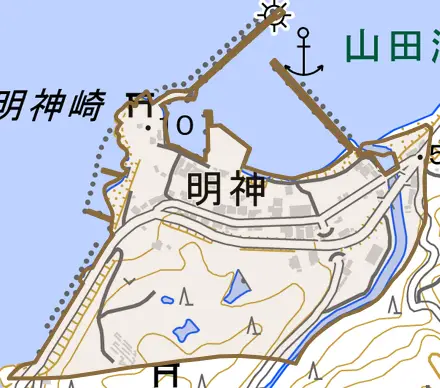 明神とその周辺の地図。町の範囲を重ねている