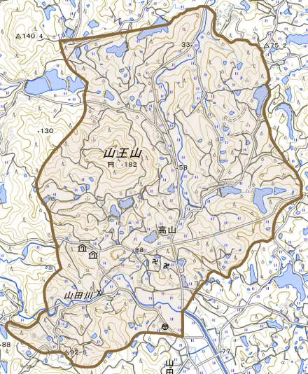 高山とその周辺の地図。町の範囲を重ねている