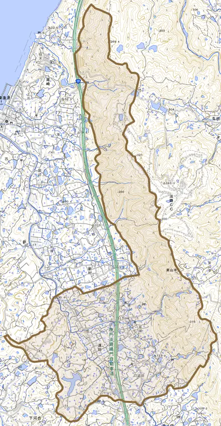 遠田とその周辺の地図。町の範囲を重ねている