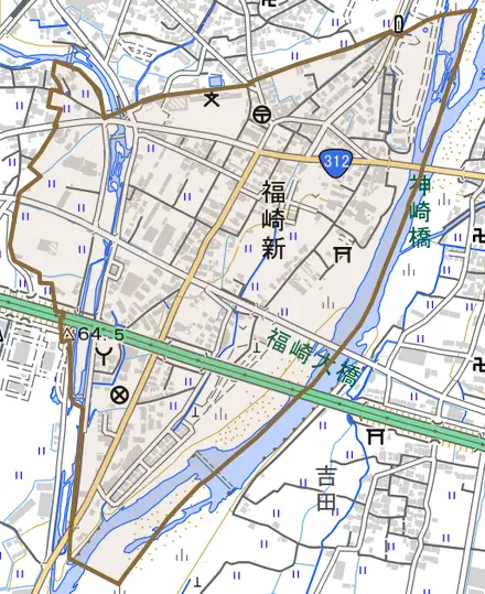 福崎新とその周辺の地図。町の範囲を重ねている