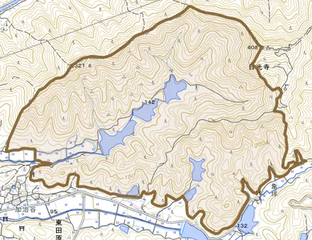 東田原とその周辺の地図。町の範囲を重ねている