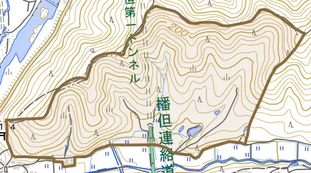 西田原とその周辺の地図。町の範囲を重ねている
