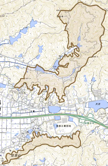 大貫とその周辺の地図。町の範囲を重ねている