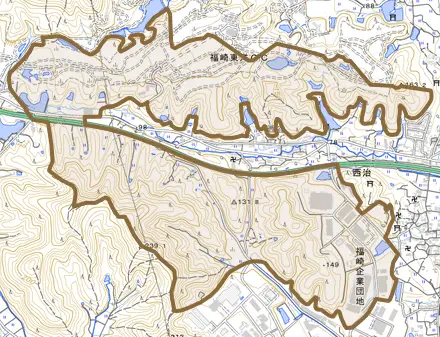 西治とその周辺の地図。町の範囲を重ねている