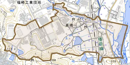 高橋とその周辺の地図。町の範囲を重ねている